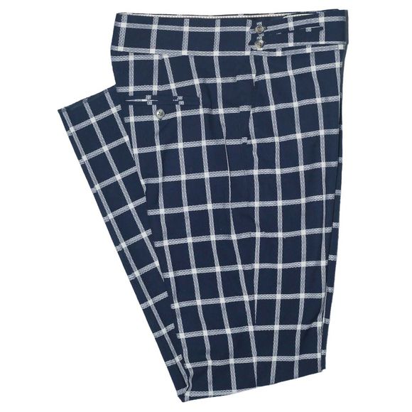 Mens Gurkha Pants Blue White Check Wool Slim Straight High Waist Flat Front 32